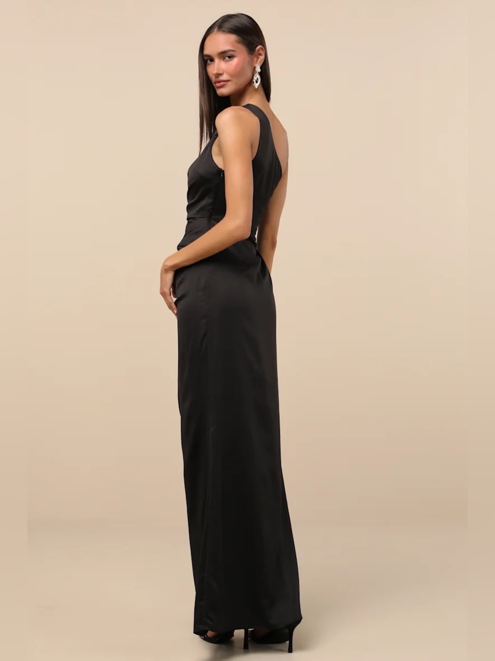 Lulus Dreaming of Elegance Black Satin One-Shoulder Maxi Dress - Picture 3 of 12
